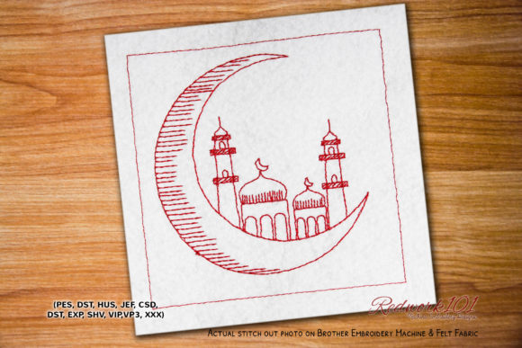 Crescent Moon Mosque Redwork for Embroidery Businesses